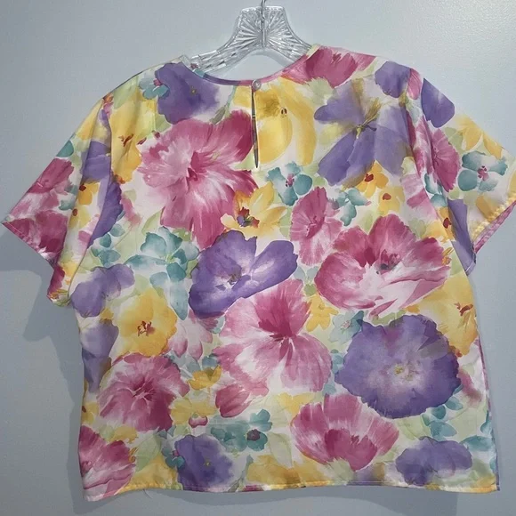 Vintage Blair Women’s Blouse Bold Floral Bright Short Sleeve Top Size 16 L XL - Picture 10 of 16